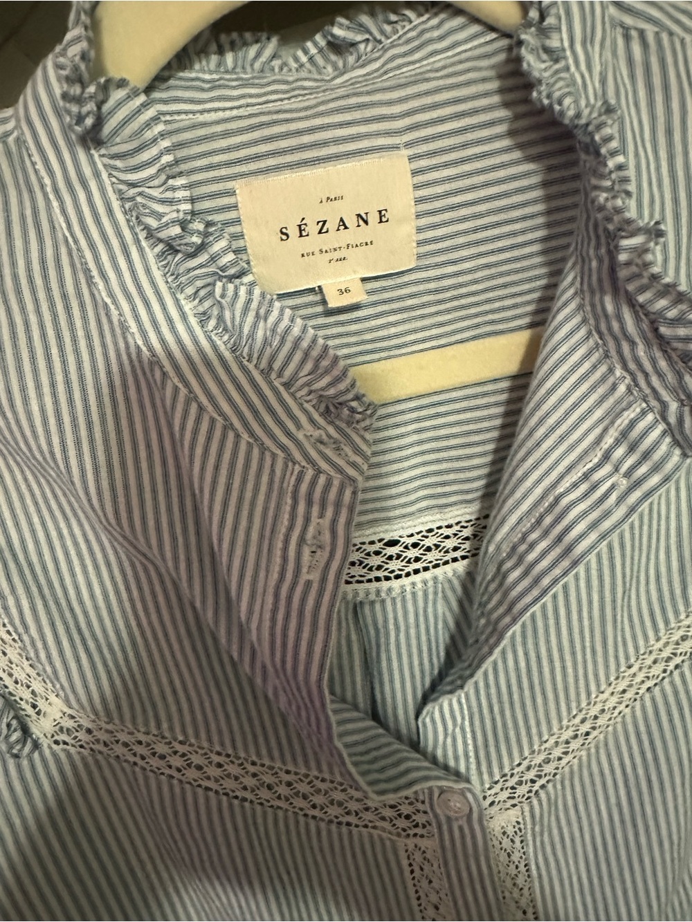 Cute $250 Sezane Blue White Stripe Lace Trim Ruffle Collar Shoulders Button Down - Picture 7 of 10